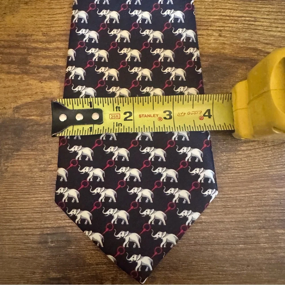 René Chagal Silk Elephant Print Tie Handmade Black Red Patterned‎